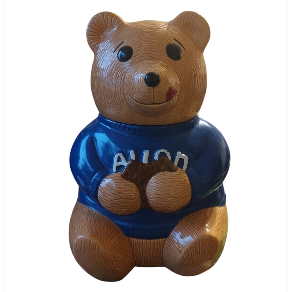 Vintage Avon Brown Bear Cookie Jar with Blue Sweater